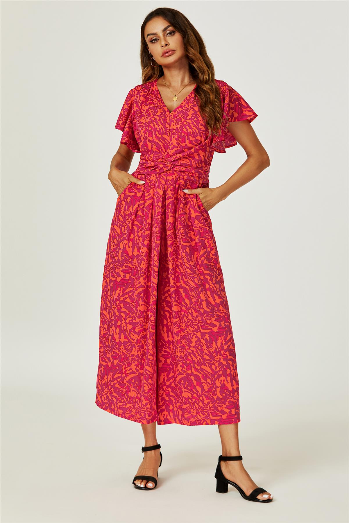 Printed Wide Leg Twist Jumpsuit In Fuchsia FS749-ROAP