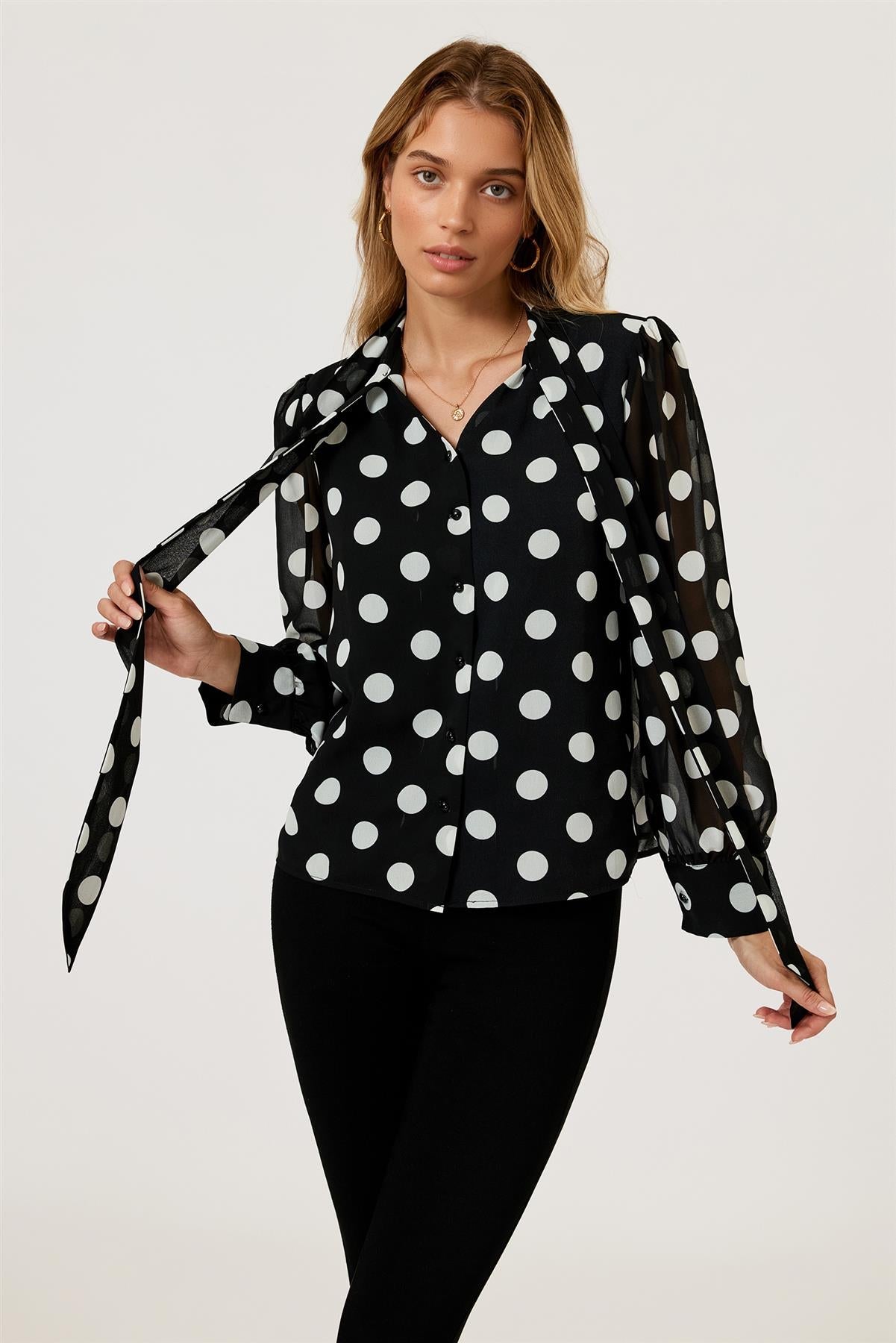 Dot Print Tie Detail Long Sleeve Blouse Top In Black FS625