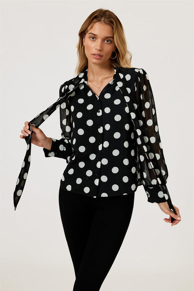 Black - Dot Print Tie Detail Long Sleeve Blouse Top In Black by FS Collection