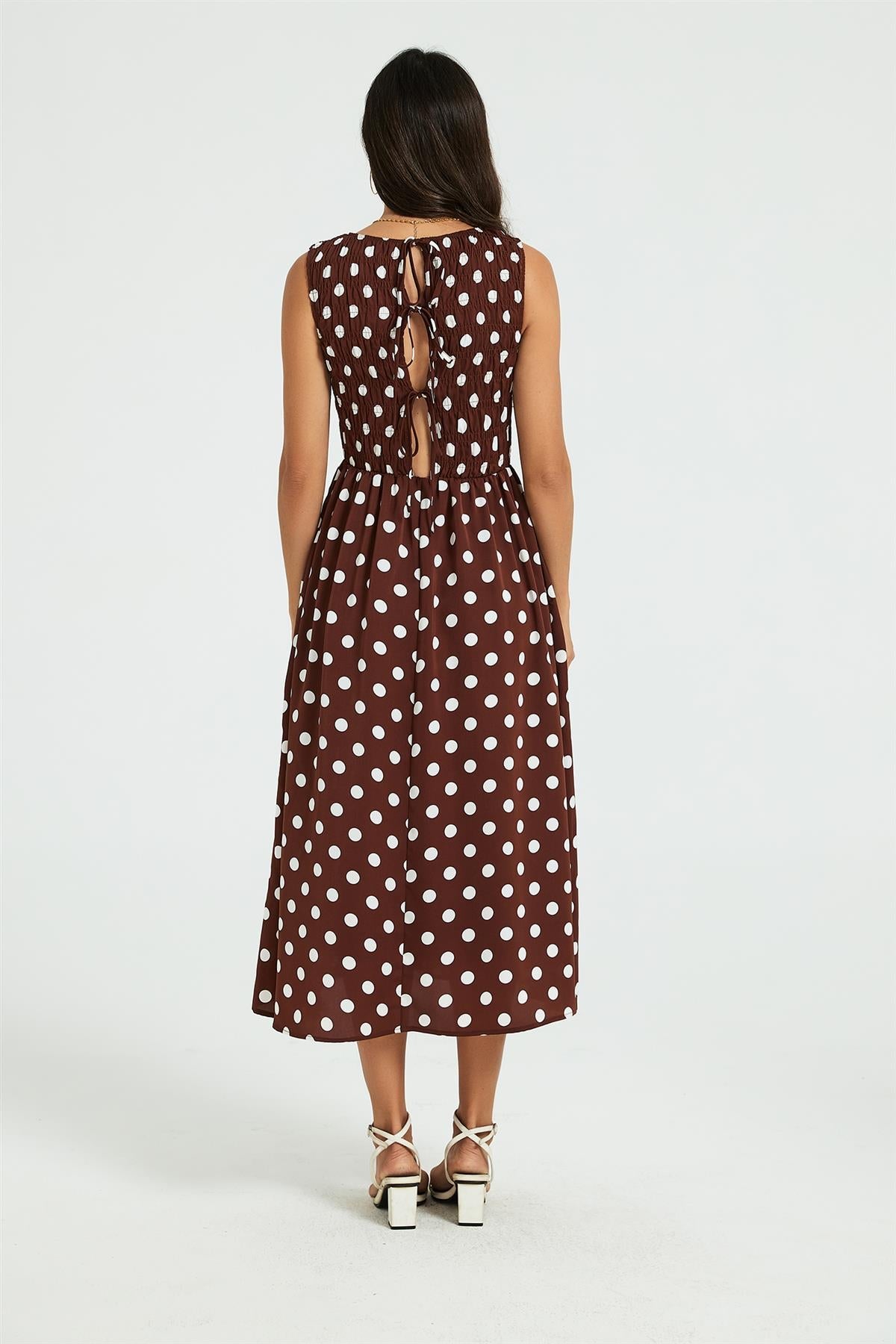 Dot Print Tie Back Sleeveless Shirred Top Midi Dress Brown FS960