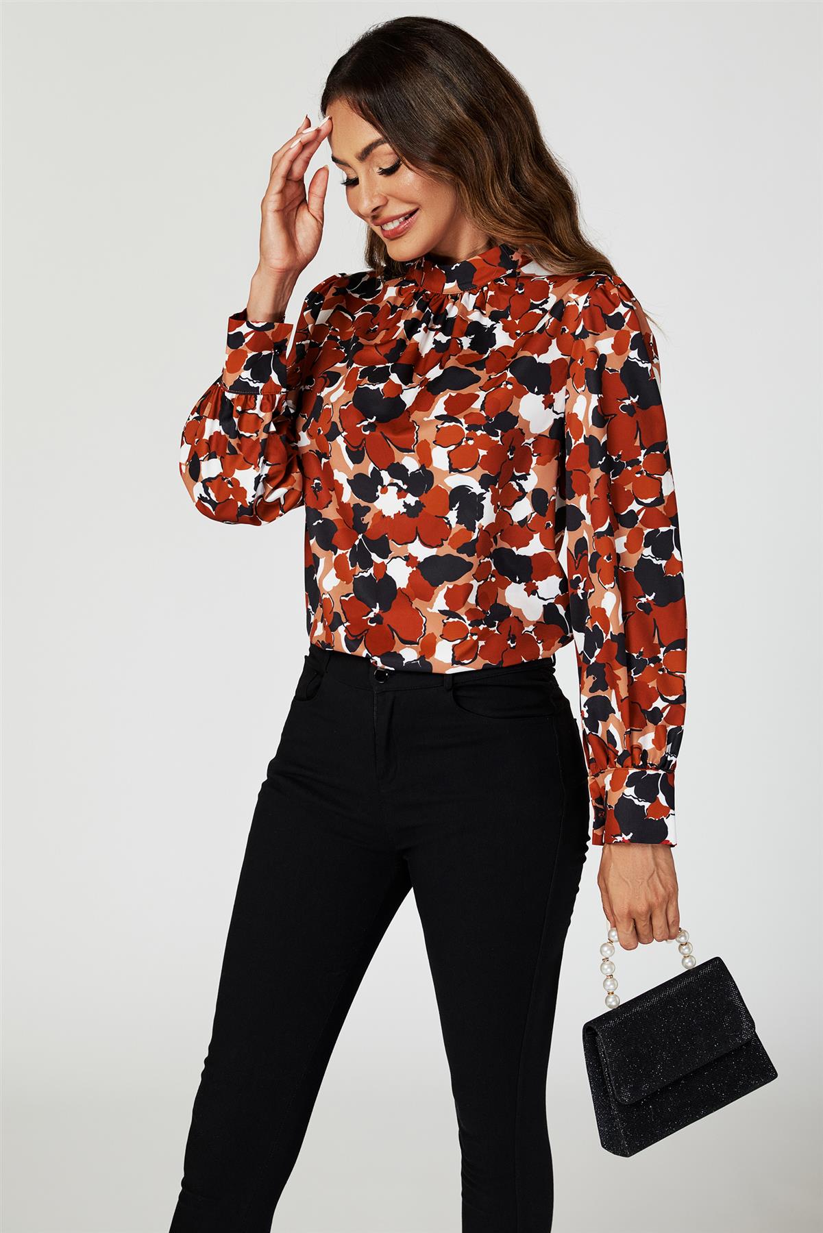 Floral Print Long Sleeve High Neck Top In Rust FS616