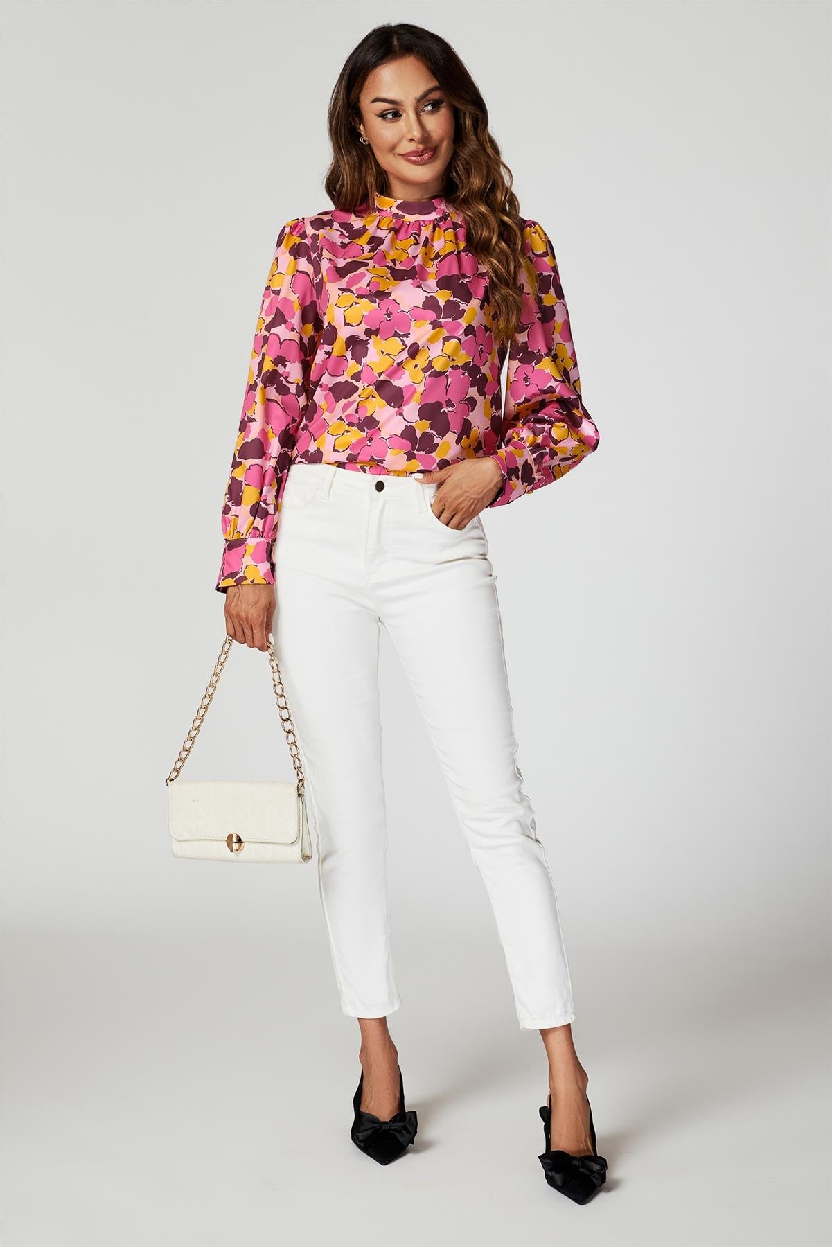 Floral Print Long Sleeve High Neck Top In Pink FS616