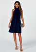 Silver Foil Velvet Halter Neck Tie Back Mini Dress In Navy by FS Collection