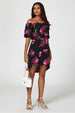 Pink Floral Print Bardot Frill Off Shoulder Mini Dress In Black by FS Collection