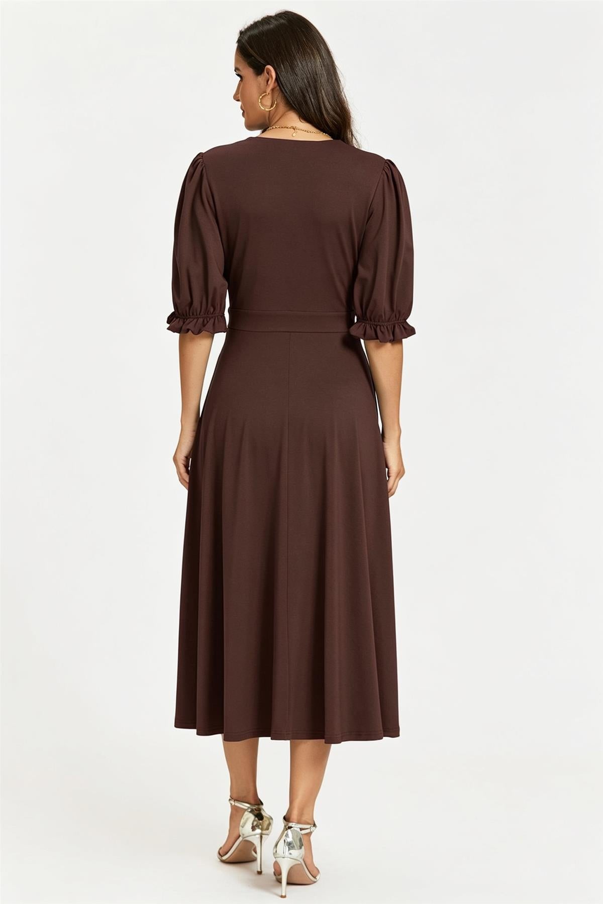 Half Sleeves Jersey Midi Dress With Wrap Neckline In Chocolate FS898