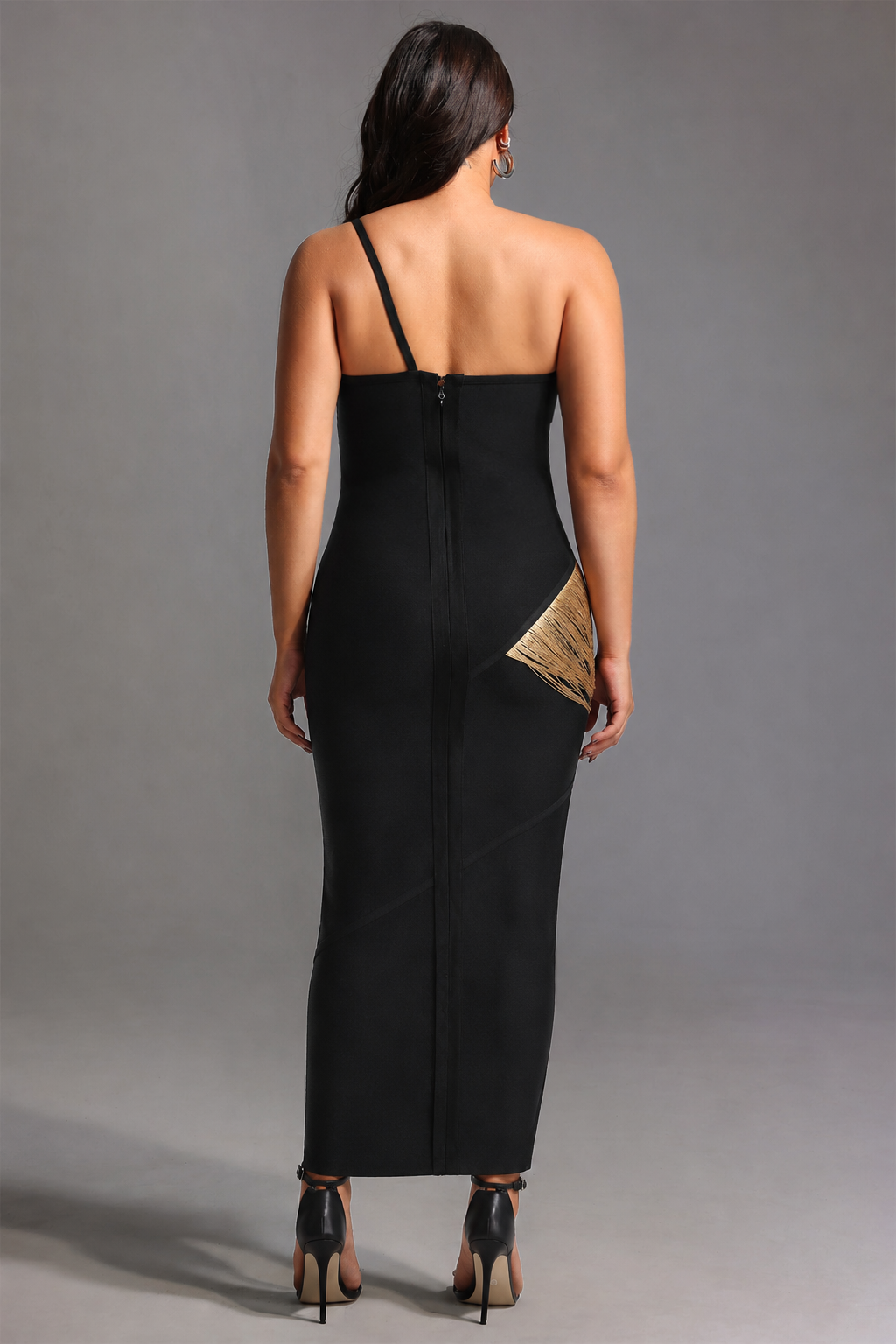 Roanna One Shoulder Sleeveless Golden Tassels Bandage Maxi Dress D250701239