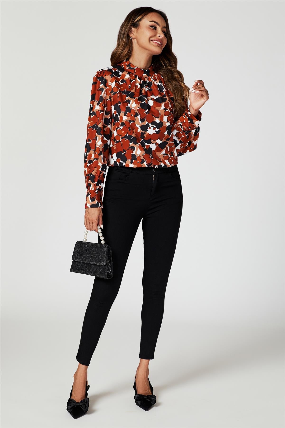 Floral Print Long Sleeve High Neck Top In Rust FS616