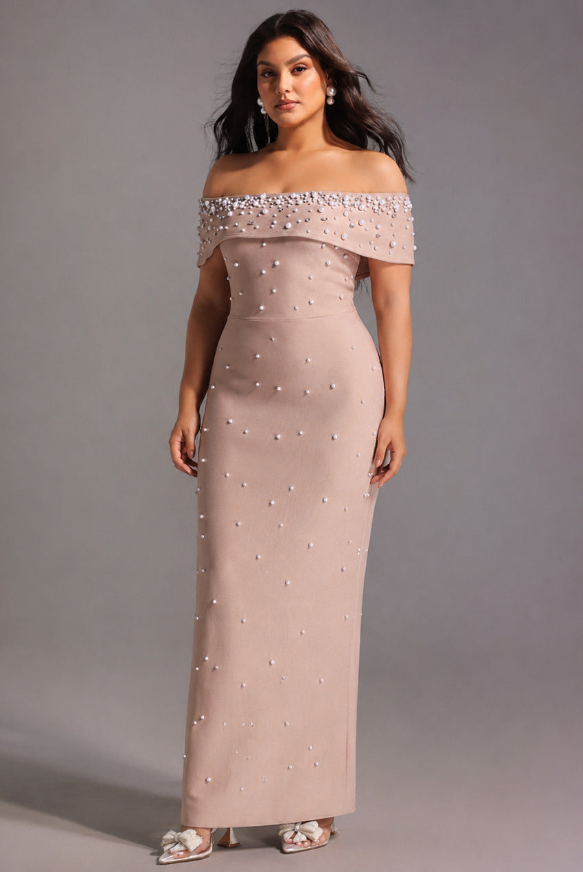 Isme Elegant Contour Off Shoulder Pearl Rhinestone Bandage Maxi Dress D260301428