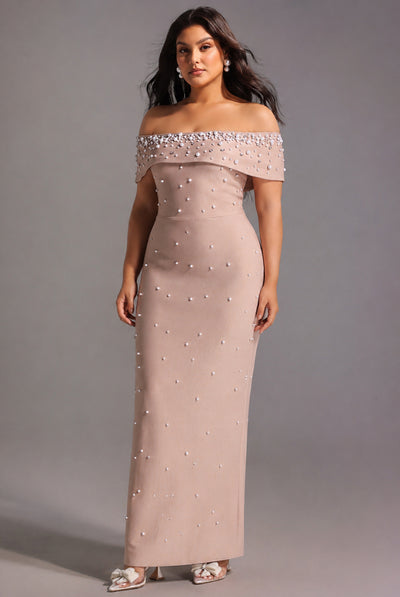 Beige - Isme Elegant Contour Off Shoulder Pearl Rhinestone Bandage Maxi Dress by Bella Barnett