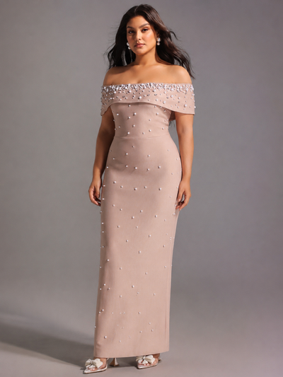 Beige - Isme Elegant Contour Off Shoulder Pearl Rhinestone Bandage Maxi Dress by Bella Barnett
