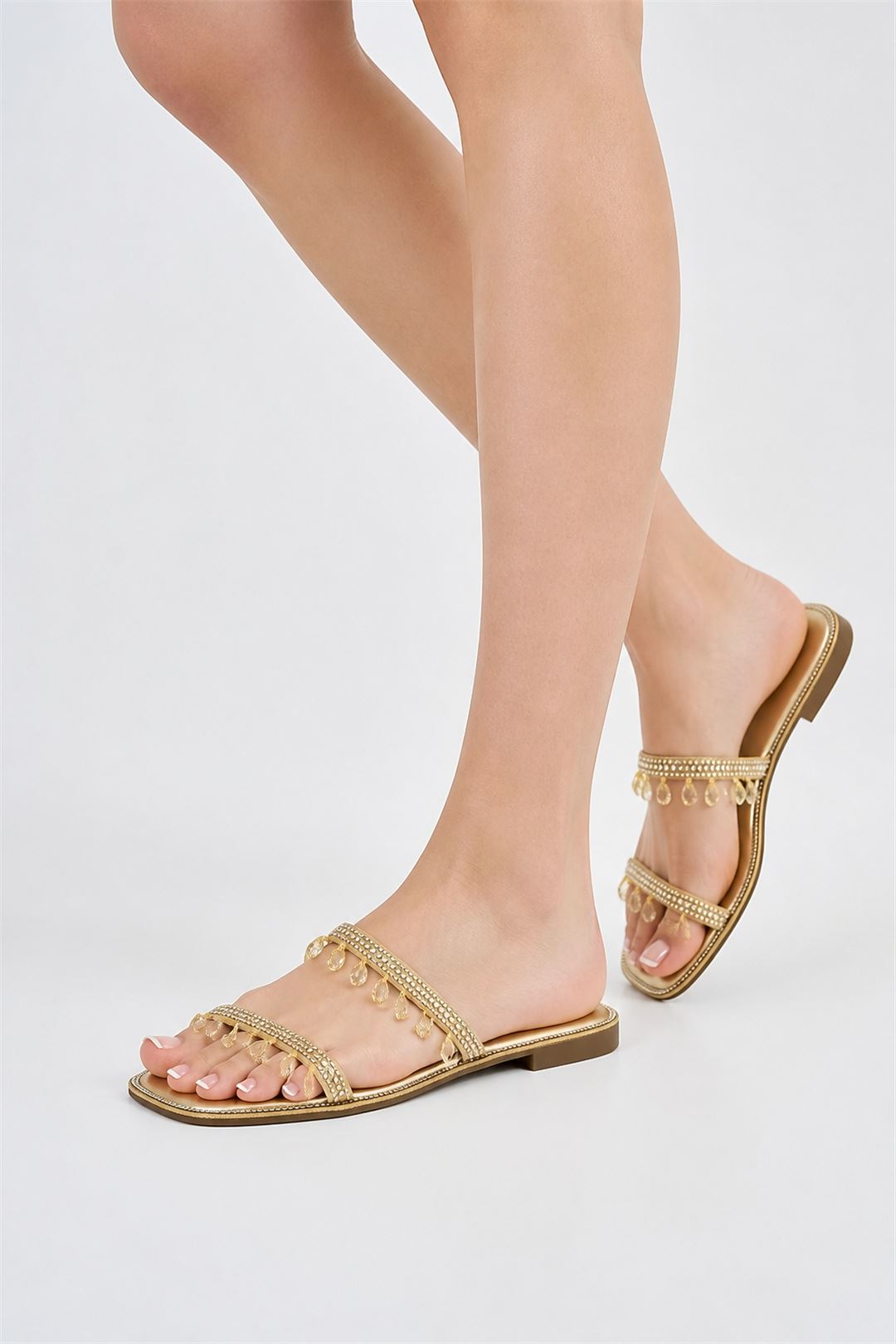 Maddie 2 Band Gemstone Droplet Flat Sliders In Gold 1008-GOL