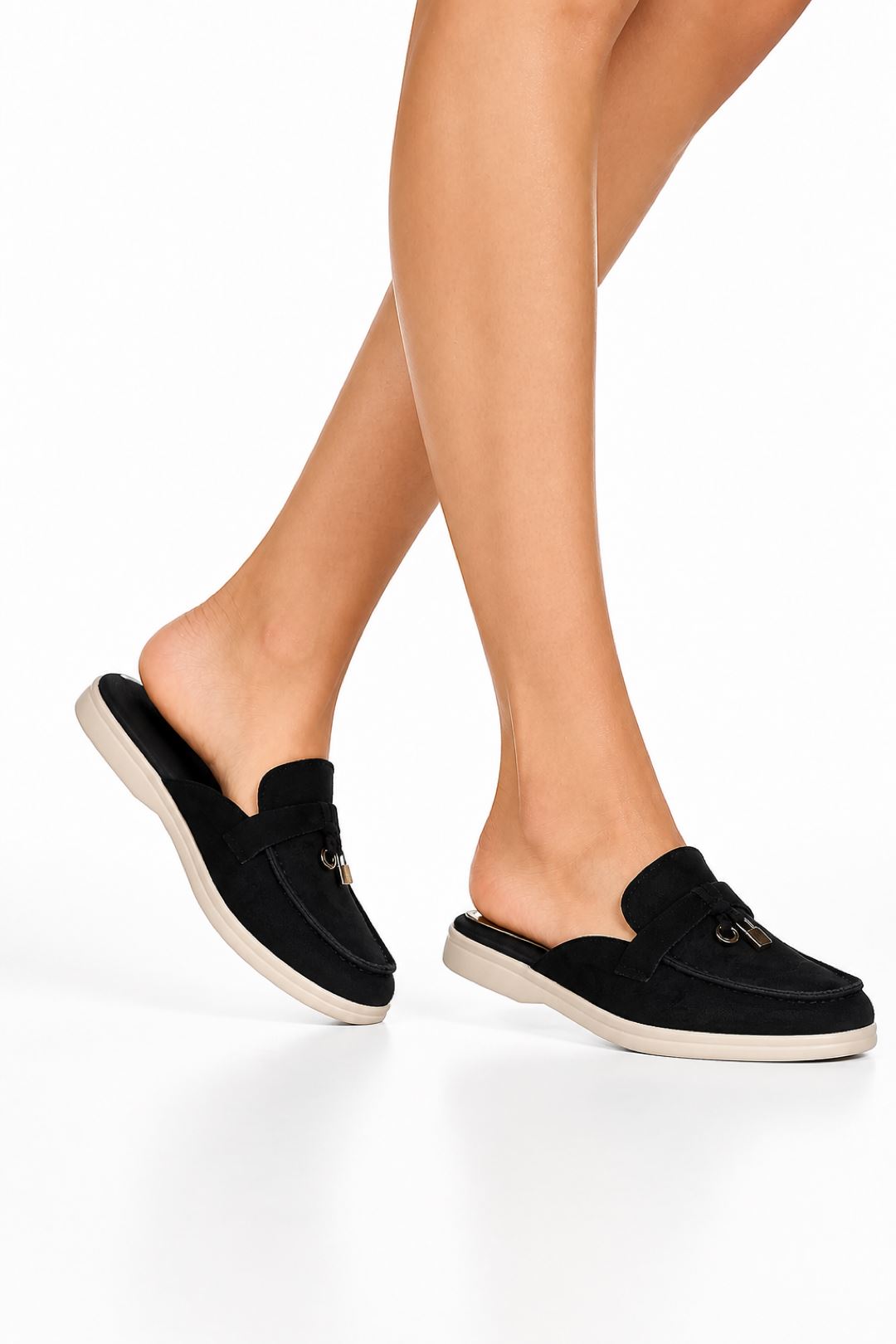 Adaloria Padlock Charm Backless Flat Loafers In Black White Sole PANTHER2-BLKWHTS