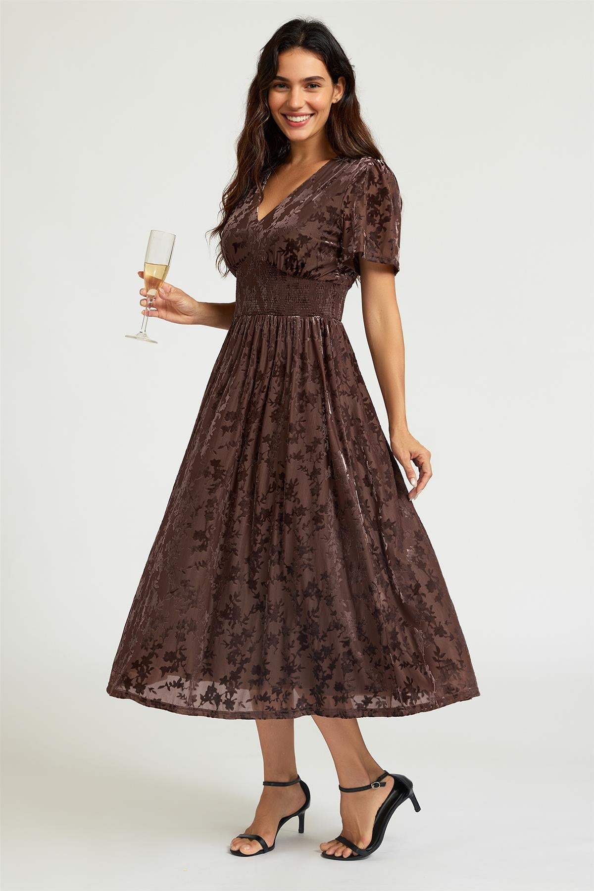 Brown Velvet Burnout V-Neck Angel Sleeve Midi Dress FS955