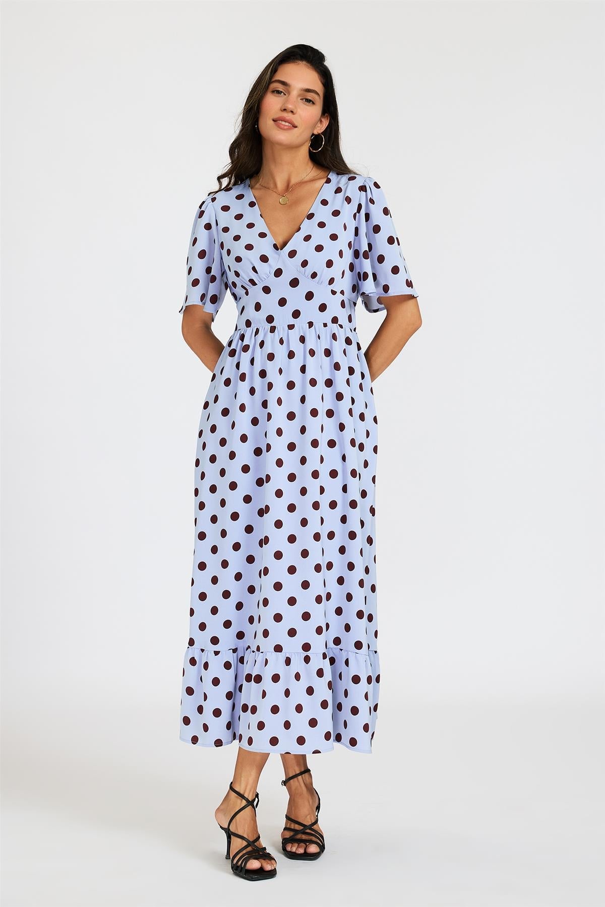 Polka Dot Print Angel Sleeve V Neck Frill Hem Midi Dress In Blue FS939