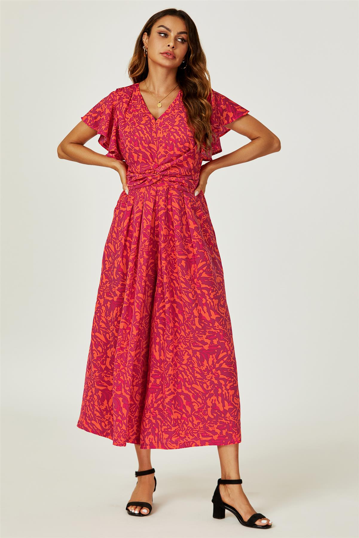 Printed Wide Leg Twist Jumpsuit In Fuchsia FS749-ROAP