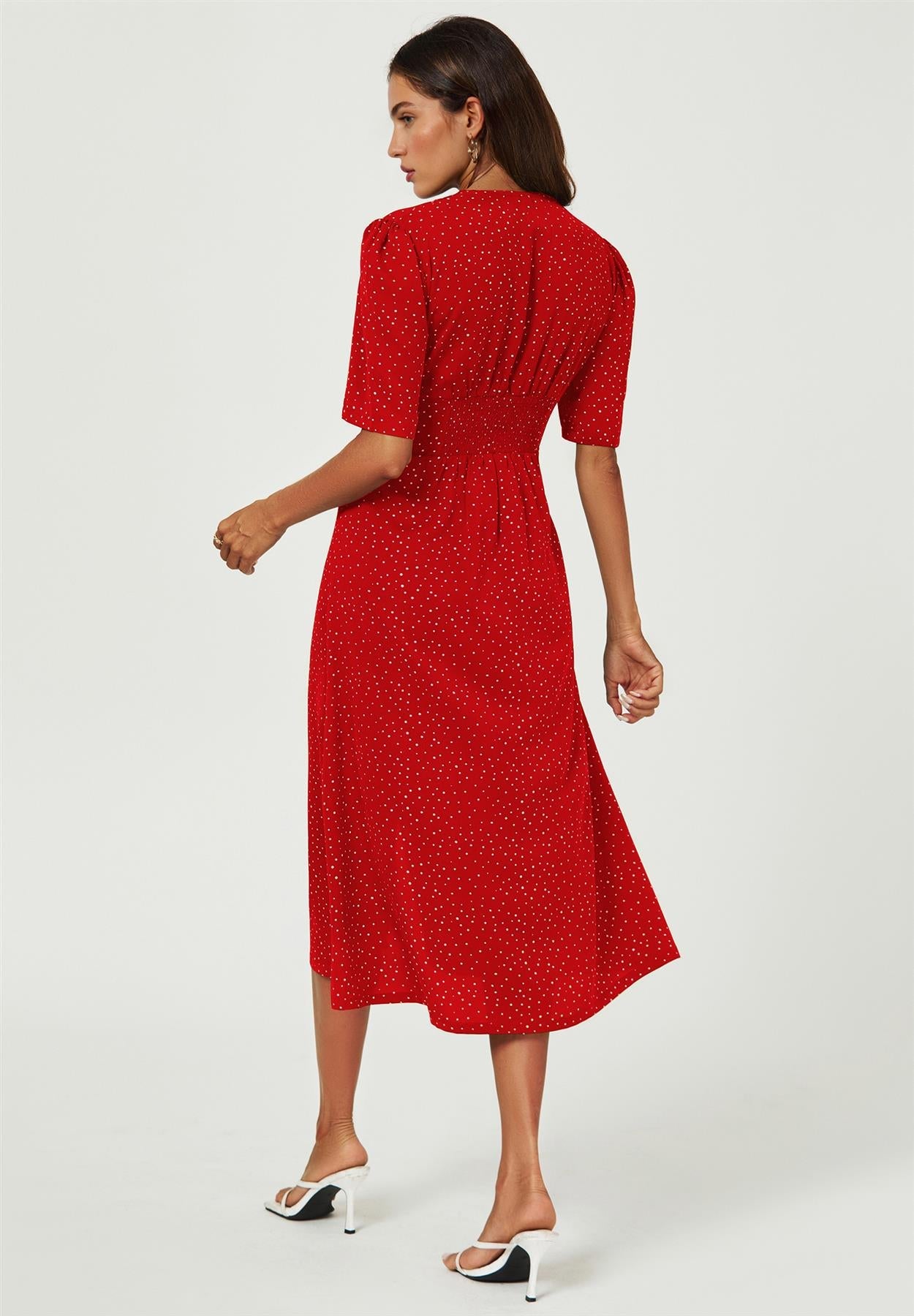 Dot Print Button Front Midi Dress In Red FS707-RedDot