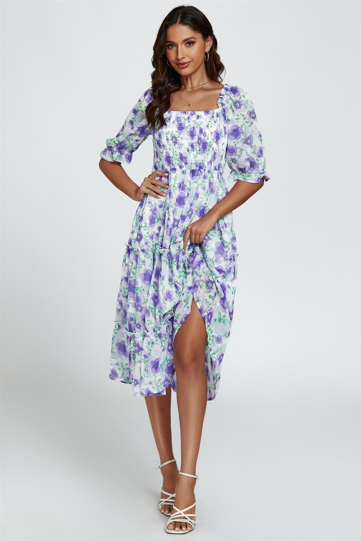 Floral Print Bardot Puff Sleeve Elasticated Detail Midi Dress In White FS362-PWF