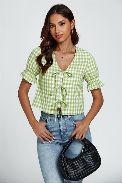 Green - Check Print Tie Front Top In Green by FS Collection