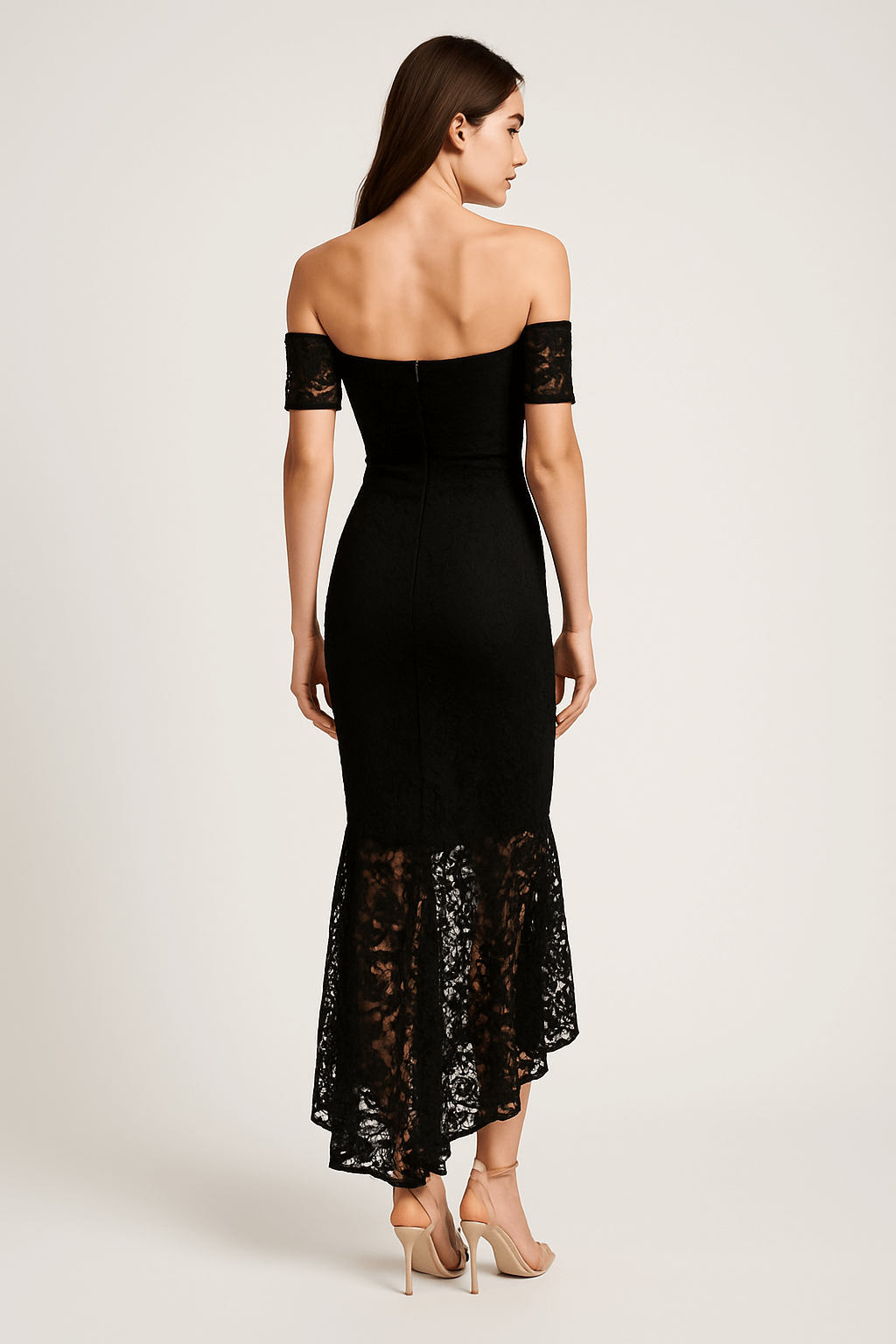 Fishtail Style Hem Off Shoulder Slim Fit Lace Midi Dress AV-72012BLK