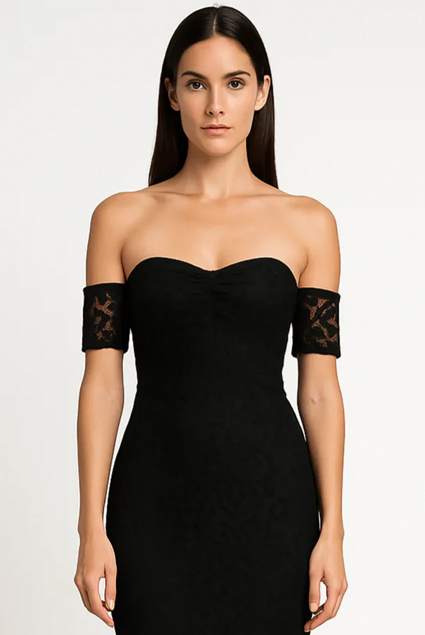 Black Fishtail Style Hem Off Shoulder Slim Fit Lace Midi Dress AV-72012BLK