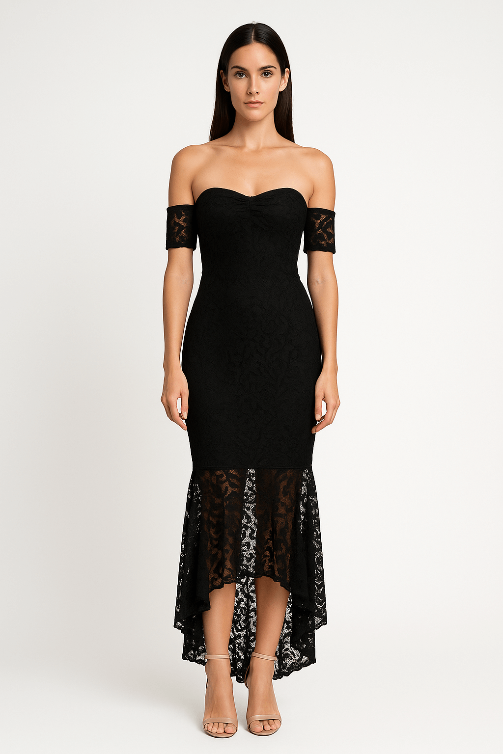 Fishtail Style Hem Off Shoulder Slim Fit Lace Midi Dress AV-72012BLK