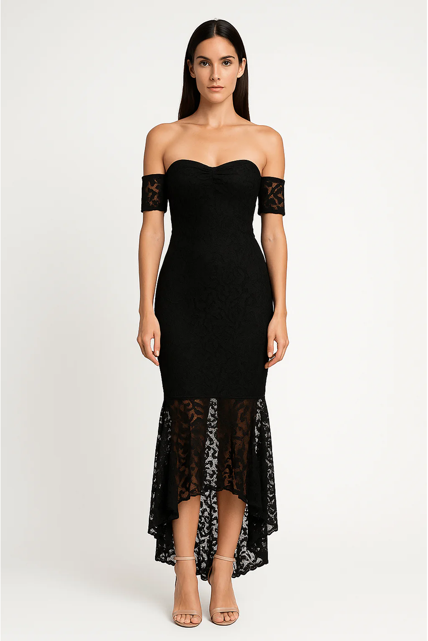 Fishtail Style Hem Off Shoulder Slim Fit Lace Midi Dress AV-72012BLK