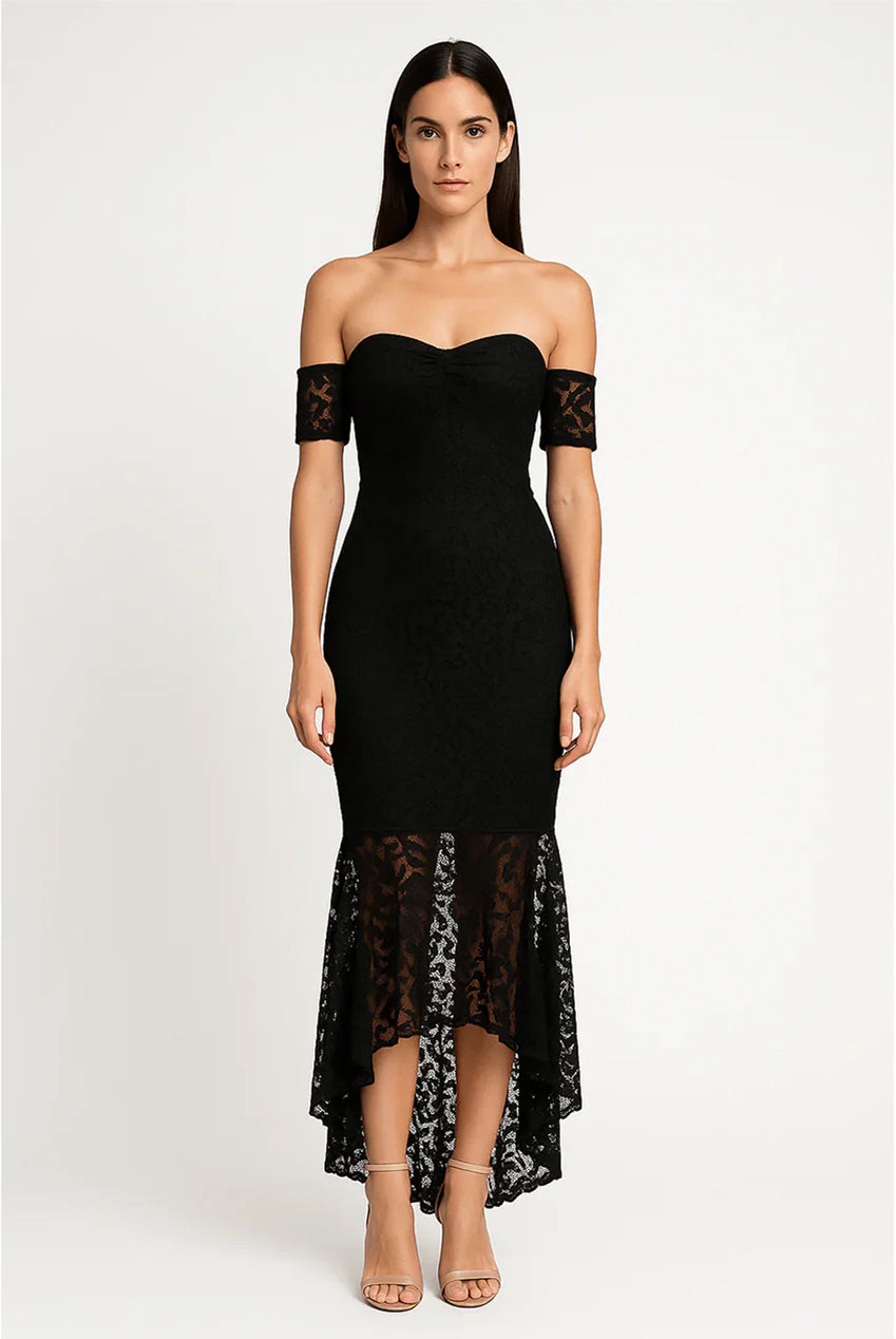 Black Fishtail Style Hem Off Shoulder Slim Fit Lace Midi Dress AV-72012BLK