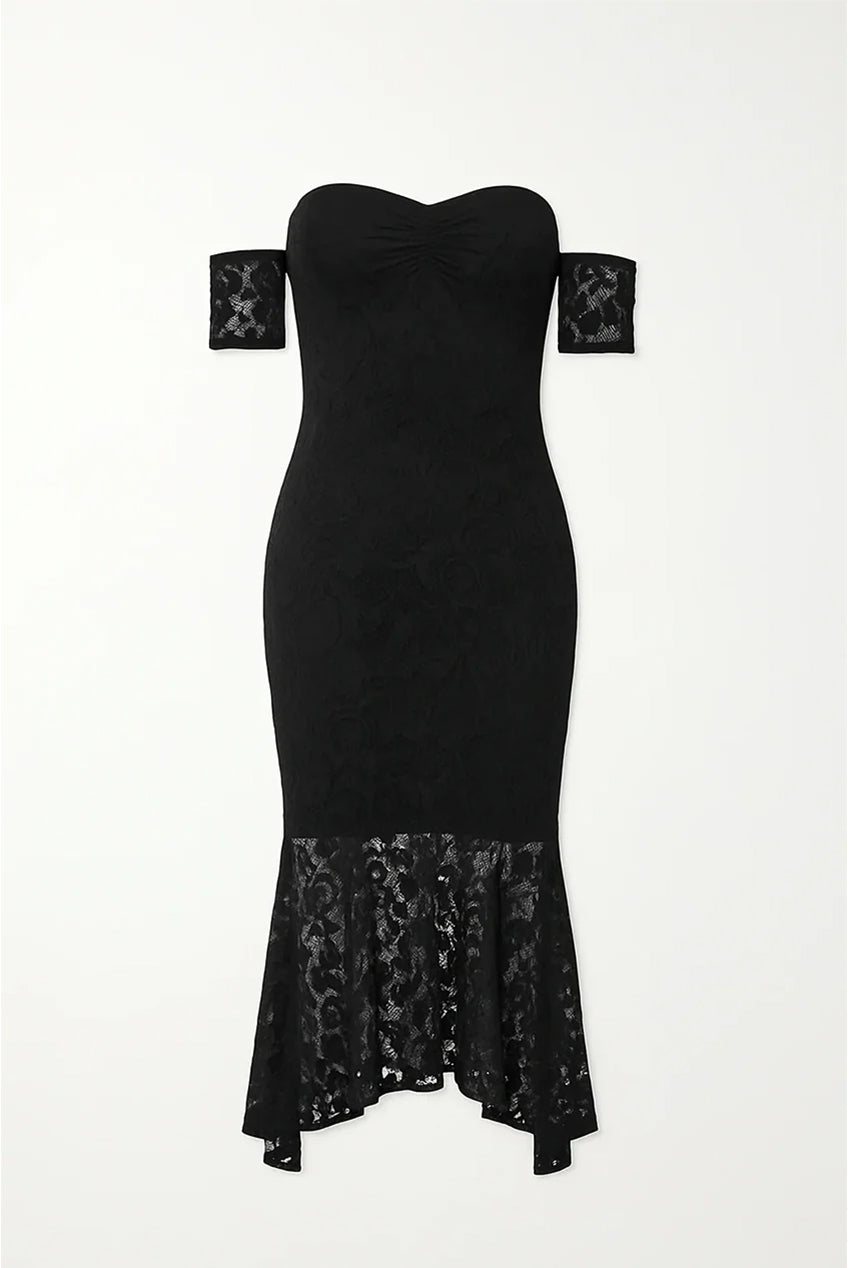 Black Fishtail Style Hem Off Shoulder Slim Fit Lace Midi Dress AV-72012BLK