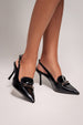 Metal Accent Pointed Patent Slingback Shoes - Black by Goddiva