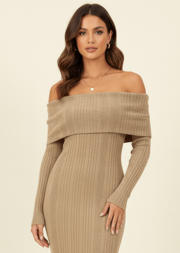 Folded Bardot Neckline Ribbed Knit Off Shoulder Dress AV-NDR1415