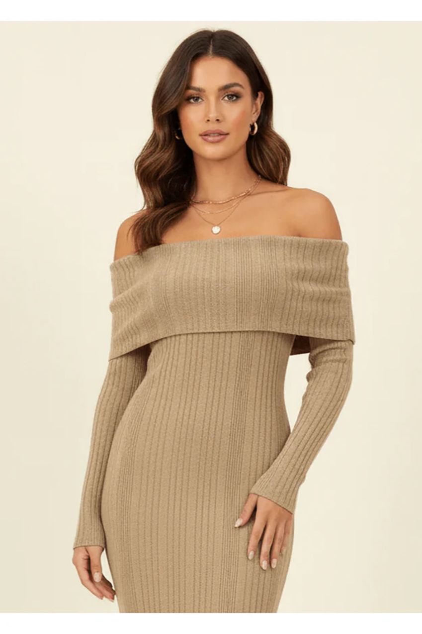 Beige Folded Bardot Neckline Ribbed Knit Off Shoulder Dress | Goddiva Beige Folded Bardot Neckline Ribbed Knit Off Shoulder Dress | Goddiva