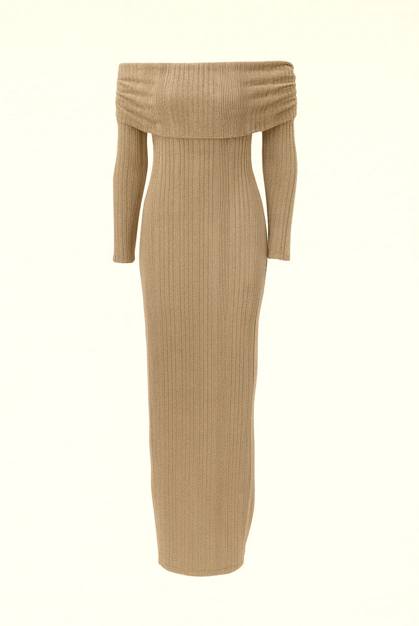 Beige Folded Bardot Neckline Ribbed Knit Off Shoulder Dress AV-NDR1415