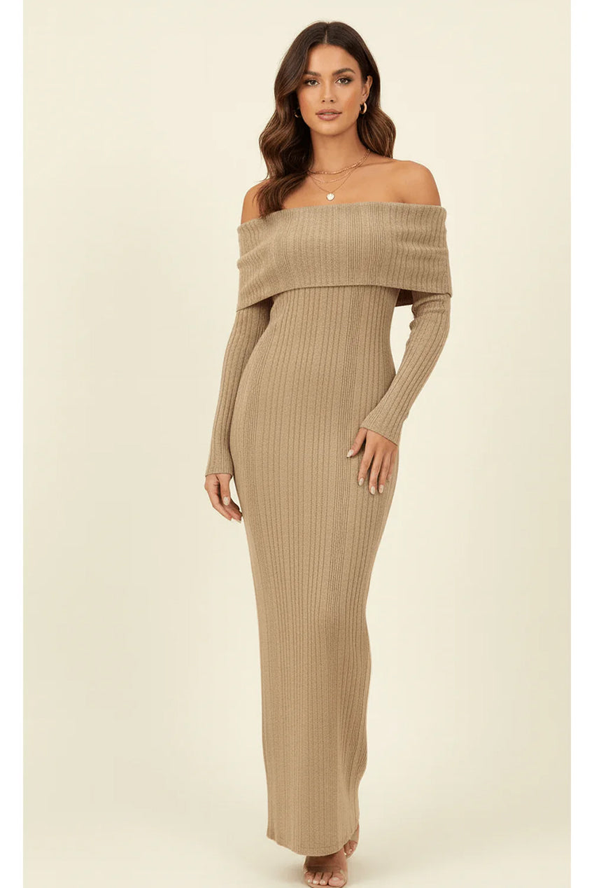 Beige Folded Bardot Neckline Ribbed Knit Off Shoulder Dress AV-NDR1415