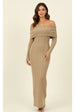 Beige Folded Bardot Neckline Ribbed Knit Off Shoulder Dress by Avinci
