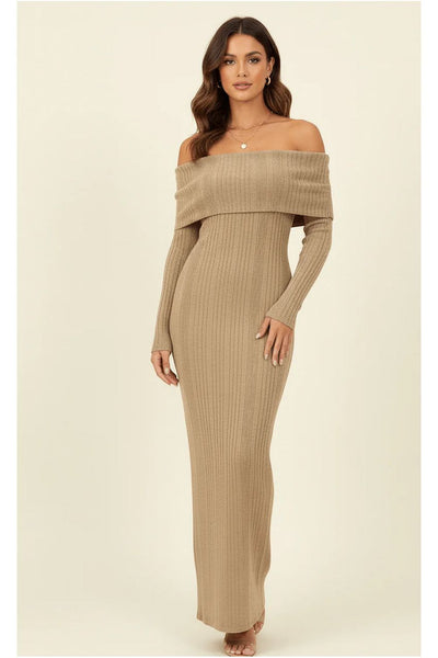 chocolate brown ribbed bardot balloon sleeve ruched bodycon dress Beige Folded Neckline Knit Off Shoulder Millie Bobby Brown Wore