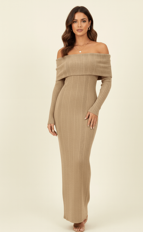 Folded Bardot Neckline Ribbed Knit Off Shoulder Dress by Avinci