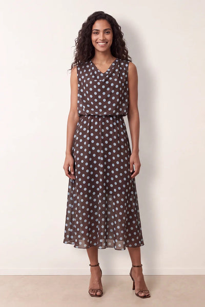 Chocolate - Polka Dot Drop Cowl Neck Midi Dress by Blue Vanilla