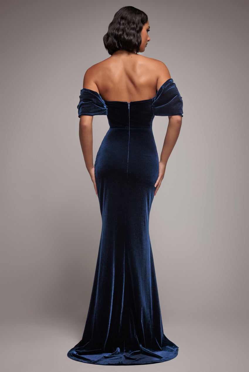Off The Shoulder Deep Plunge Velvet Maxi Dress - Navy Blue DR4692