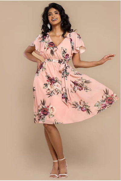 Peach - Sustainable Floral Print Midi Wrap Dress With Flutter Sleeves - Peach by Goddiva