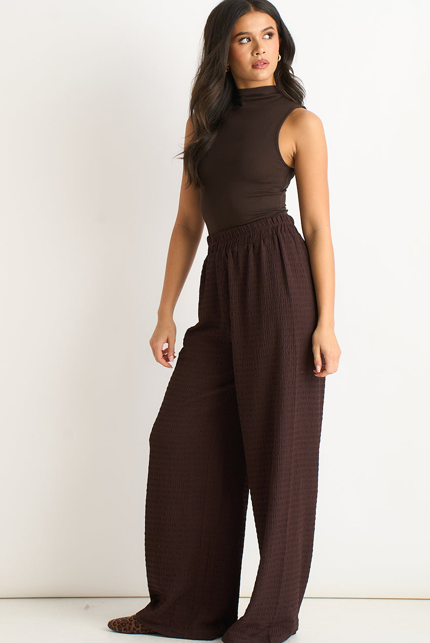 Chocolate Textured Elastic Waist Pull On Trousers GL1199B021_A