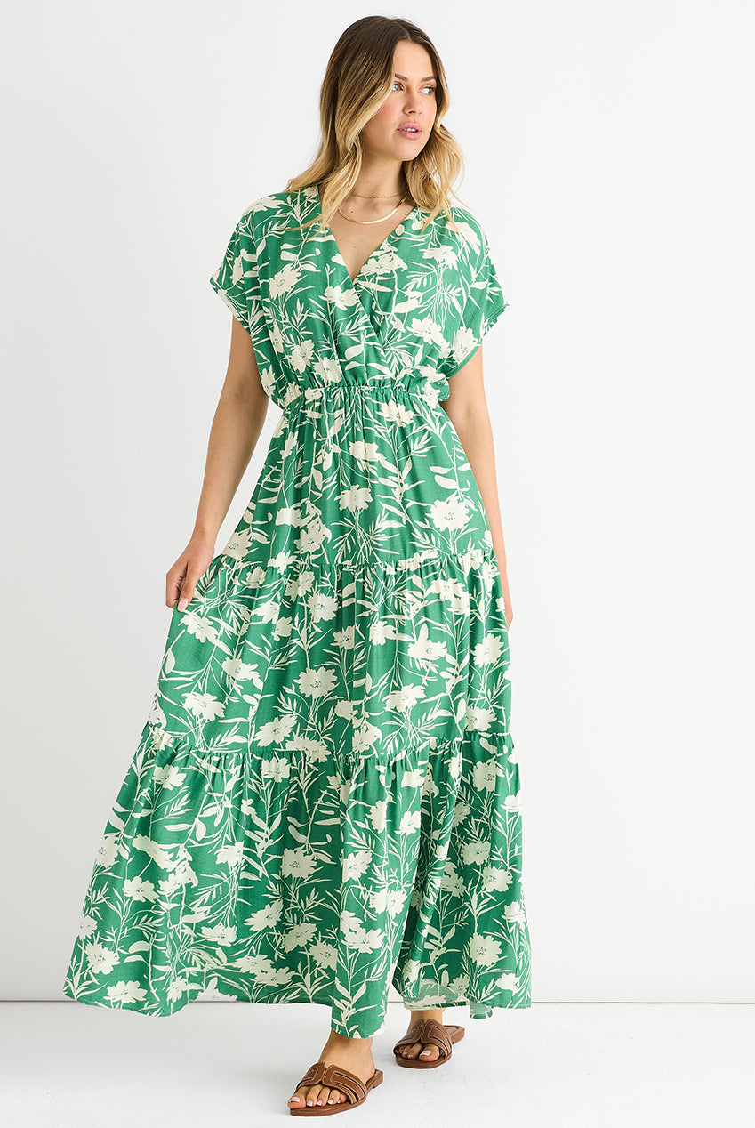 Green Floral Elastic Waist Maxi Dress GL1245