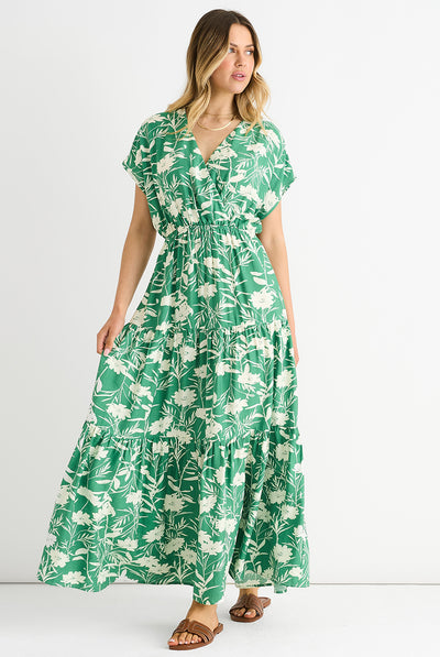 Green Floral Elastic Waist Maxi Dress by Gini London