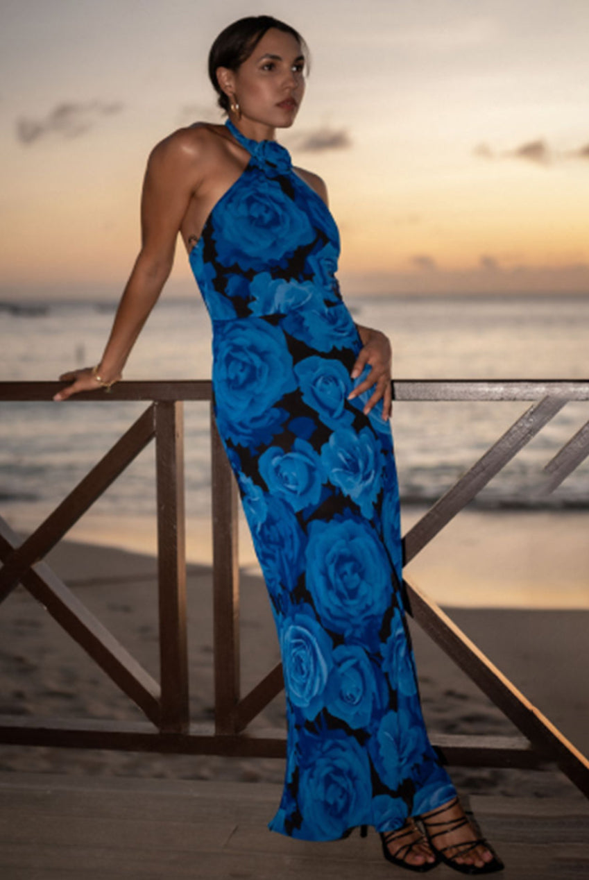 Blue Floral Occasion Halter Maxi Dress GL1248