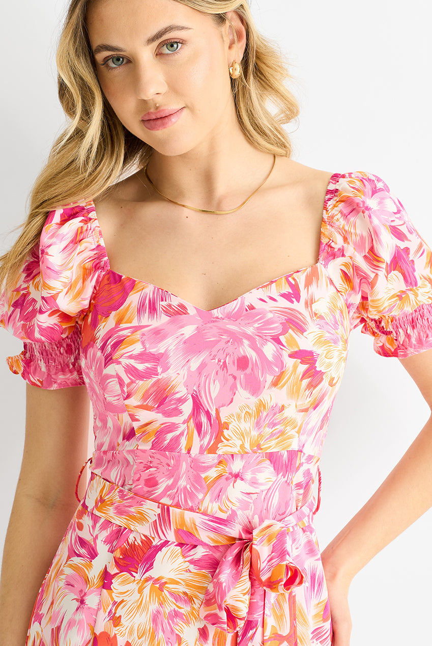 Pink Floral Puff Sleeves Belted Midi Dress GL1437