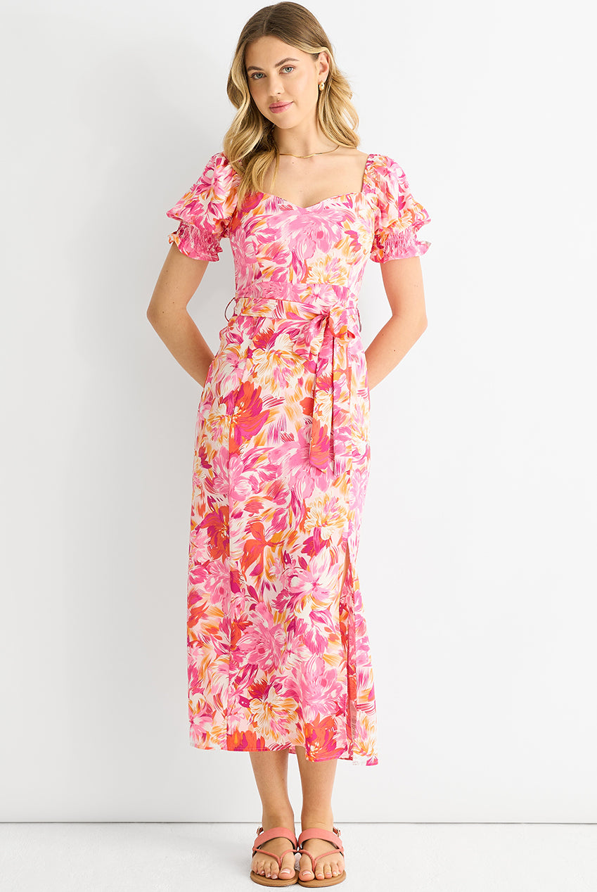 Pink Floral Puff Sleeves Belted Midi Dress GL1437
