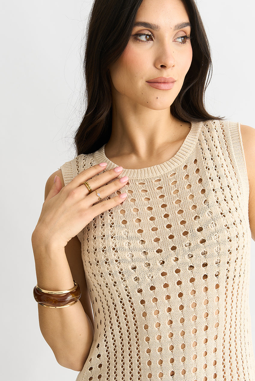 Beige Crochet Knit Bodycon Midi Dress GL1447