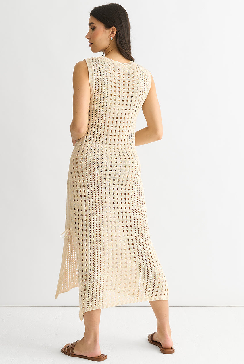 Beige Crochet Knit Bodycon Midi Dress GL1447