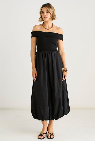 Black - Black Bardot Jersey Mix Puff Ball Midi Dress by Gini London