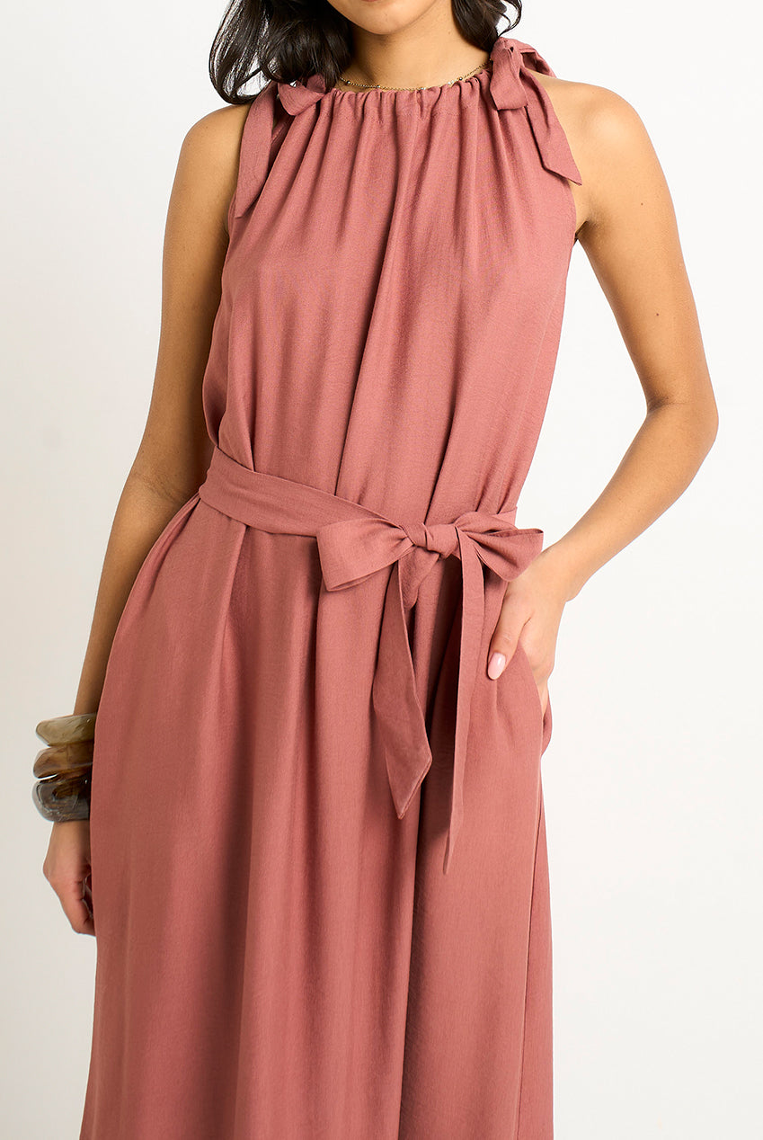 Rust Tie Shoulder Relaxed Fit Belted Maxi Dress GL2068