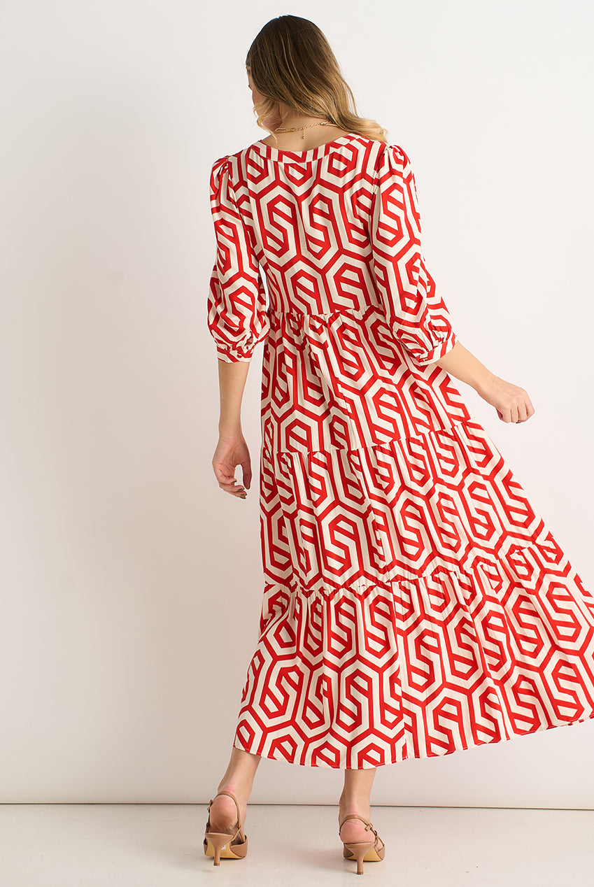 Red Geo Print Smock Maxi Dress GL911